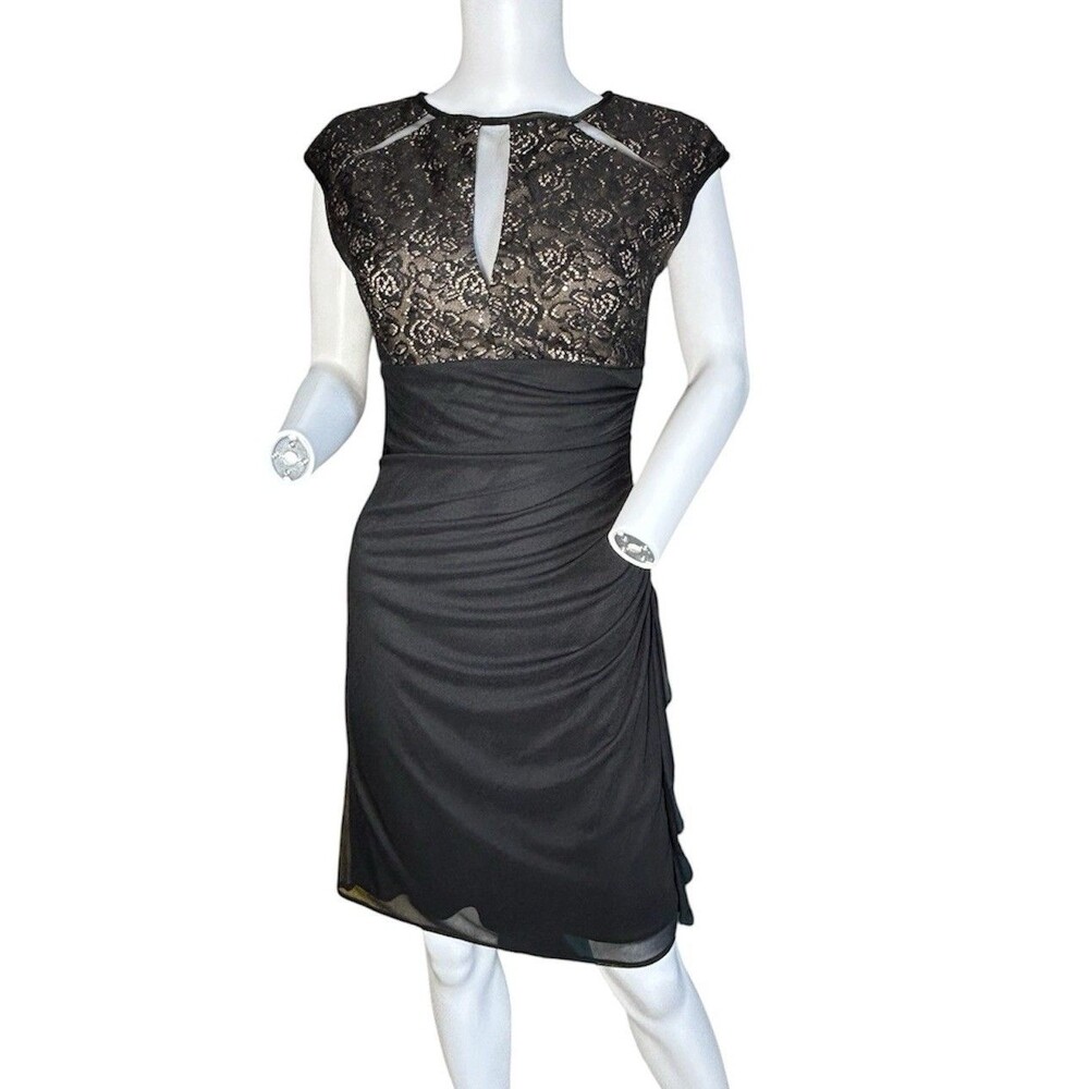 Betsy & Adam B&A Women’s Black Cocktail Evening Dress Size 6 LBD Lace Rouched